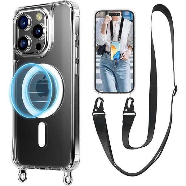 Rakuten - For iPhone 12 Pro Max ケース MagSafe対応 クリア マグネット式スマホケース ネックストラップ 長さ調整可能 取り外し可能 紛失防止 レンズ保護 ネックショルダー 肩掛け 斜めかけ アイフォン 12 Pro Max ケース