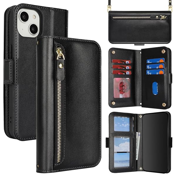 for iPhone 15 Plus ケース アイホン 14 Plus 肩がけ 首掛け 斜め掛け ファスナー ストラップ付き ショルダーケース 手帳型 CASE カバー カード収納 横置き スタント PUレザー 財布型 for 15plus 14p