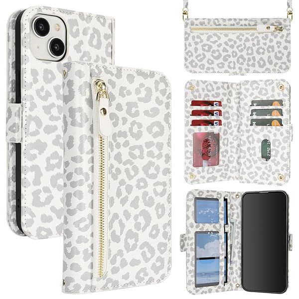 for iPhone 15 ケース アイホン 15 肩がけ 首掛け 斜め掛け ファスナー ストラップ付き ショルダーケース 手帳型 CASE カバー カード収納 横置き スタント PUレザー 財布型 for iPhone15 ホワイト