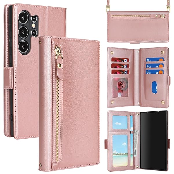 for Galaxy S24 Ultra ケース ギャラクシー S24Ultra 肩がけ 首掛け 斜め掛け ファスナー ストラップ付き ショルダーケース 手帳型 CASE カバー カード収納 横置き スタント PUレザー 財布型 for S24 U