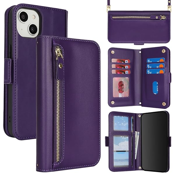 for iPhone 13 ケース アイホン 14 肩がけ 首掛け 斜め掛け ファスナー ストラップ付き ショルダーケース 手帳型 CASE カバー カード収納 横置き スタント PUレザー 財布型 for iPhone14 iPhone13 パー