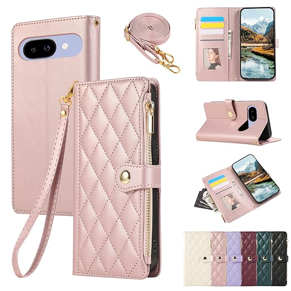 For Google Pixel 9aケース 手帳型 グーグルピクセ9aケース ひし形柄 Pixel9a ケース ショルダー 適用 Google Pixel 9a カバー 人気 女性 対応 Googleピクセル9a カバー 肩掛け カード収納 ジップ