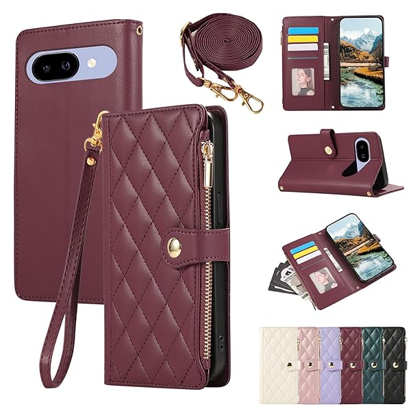 For Google Pixel 9aケース 手帳型 グーグルピクセ9aケース ひし形柄 Pixel9a ケース ショルダー 適用 Google Pixel 9a カバー 人気 女性 対応 Googleピクセル9a ケース 肩掛け カード収納 ジップ