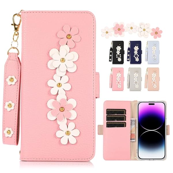 iPhone14Pro ケース 手帳型 ストラップ付き iPhone14Pro ケース カバー 6.1型 アイフォン14 プロ スマホケース 6.1インチ 2022 5G 手帳型 かわいい 財布型 レザー製花 上級おしゃれ 耐衝撃 透明 TPU カ