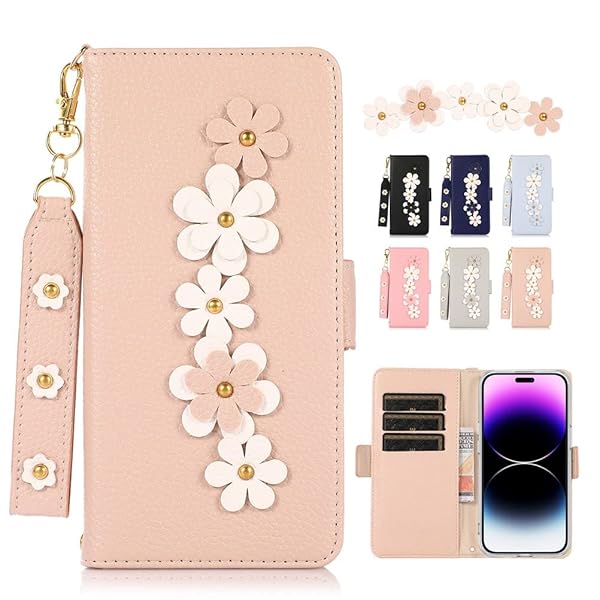 iPhone14 Pro Max ケース 手帳型 ストラップ付き iPhone14ProMax ケース カバー 6.7型 アイフォン14 プロ マックス スマホケース iPhone14 ProMax 手帳型 かわいい 財布型 レザー製花 上級おしゃ