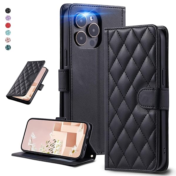 UnivoColors アイフォン 14 Pro キルティグレザー調 手帳型ケース エレガント 高質PU マグネット開閉式 カード収納機能 スタンド機能 液晶全面保護 レンズ保護 ストラップ付属(ブラック)