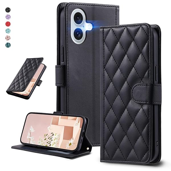 UnivoColors アイフォン 16 Plus キルティグレザー調 手帳型ケース エレガント 高質PU マグネット開閉式 カード収納機能 スタンド機能 液晶全面保護 レンズ保護 ストラップ付属(ブラック)