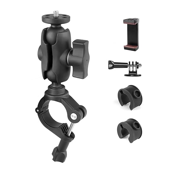 自転車 バイク オートバイ 車載用 ハンドルマウント カメラマウント スーパークランプ ハンドルバー Goproマウント&スマホホルダー付 カメラホルダー カメラグリッパー カメラアーム ボールヘッド 2点 360度回転 1/4ネジ 分解可能のゴムパ