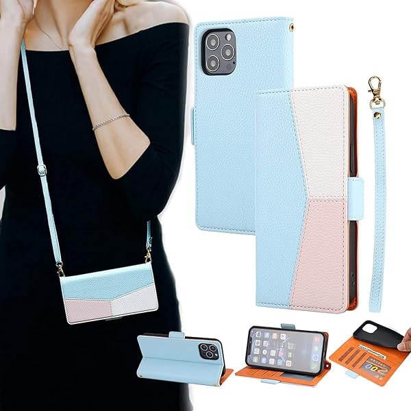 スマホケース アイホン14 Pro Maxケース 手帳型 耐衝撃 高级PUレザー カード収納 横置きスタンド ストラップ付き (iPhone 14 Pro Max,青)