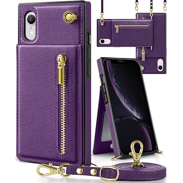 iphone XR ケース手帳型 iphone XRスマホ ケース 財布型 iPhone XR適用 携帯ケース 肩掛け 首かけ 斜めがけ ショルダー アイフォンXR ケース手帳型 背面 カード収納 ストラップ付き 上下開 長さ調整可能 パープル