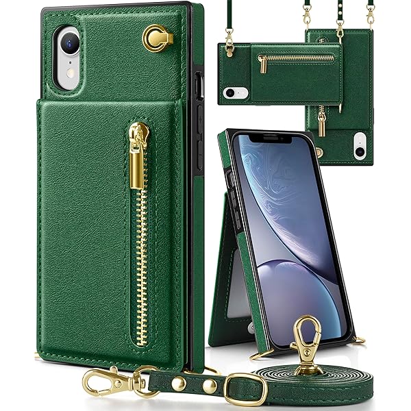 iphone XR ケース手帳型 iphone XRスマホ ケース 財布型 iPhone XR適用 携帯ケース 肩掛け 首かけ 斜めがけ ショルダー アイフォンXR ケース手帳型 背面 カード収納 ストラップ付き 上下開 長さ調整可能 グリーン