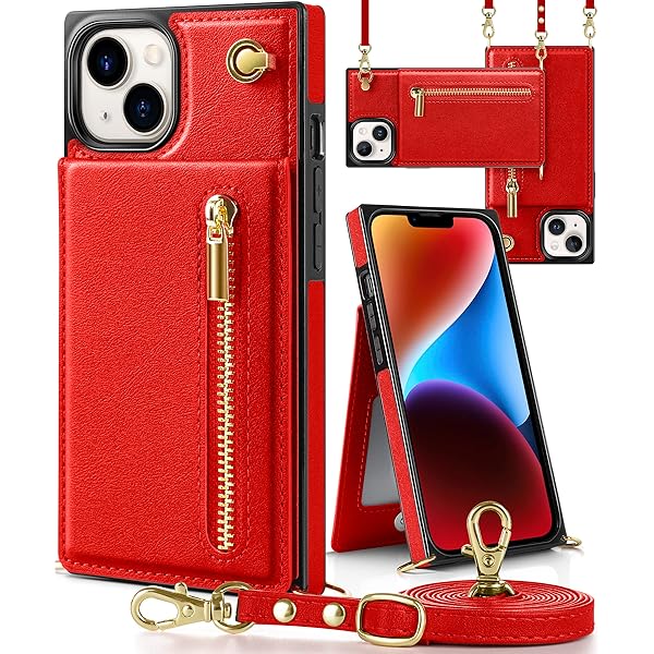 iphone 14 ケース手帳型 iphone 14 スマホ ケース 財布型 iPhone 14 適用 携帯ケース 肩掛け 首かけ 斜めがけ ショルダー アイフォン14ケース手帳型 背面 カード収納 ストラップ付き 上下開 長さ調整可能 レッド