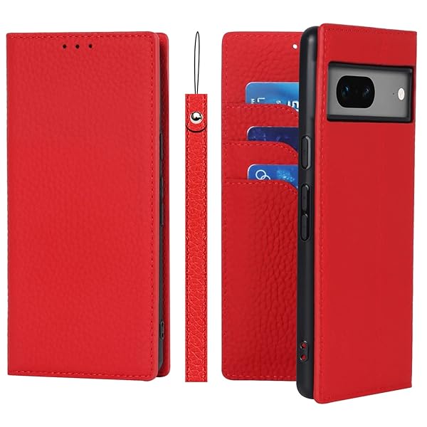 Pixel 7a ケース グーグルピクセル7a ケース 対応 Google Pixel 7a ケース 手帳型 本革 docomo au ストラップ 耐衝撃 カバー SoftBank カード収納 スタンド機能 レザー -レッド