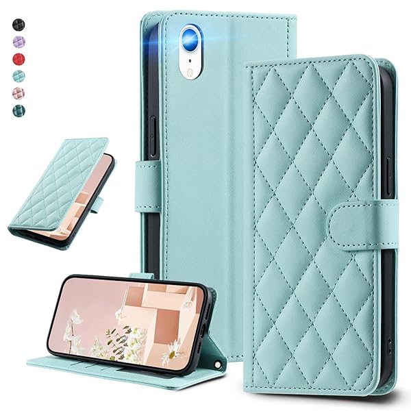 UnivoColors アイフォン XR キルティングレザー調 手帳型ケース エレガント 高質PU マグネット開閉式 カード収納機能 スタンド機能 液晶全面保護 レンズ保護 ストラップ付属(ミントグリーン)