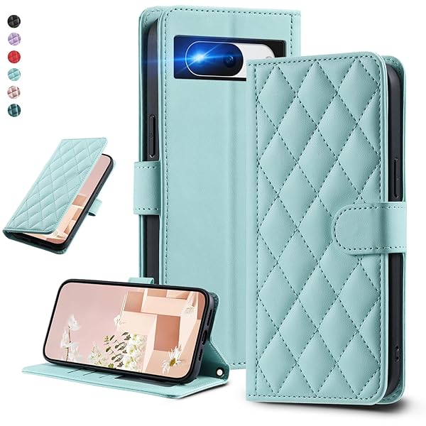 UnivoColors Google Pixel 8 キルティグレザー調 手帳型ケース エレガント 高質PU マグネット開閉式 カード収納機能 スタンド機能 液晶全面保護 レンズ保護 ストラップ付属(ミントグリーン)