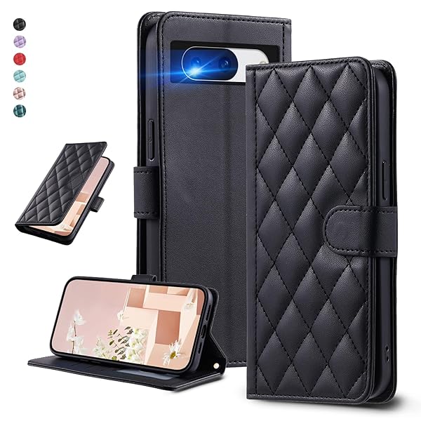 UnivoColors Google Pixel 8 キルティグレザー調 手帳型ケース エレガント 高質PU マグネット開閉式 カード収納機能 スタンド機能 液晶全面保護 レンズ保護 ストラップ付属(ブラック)