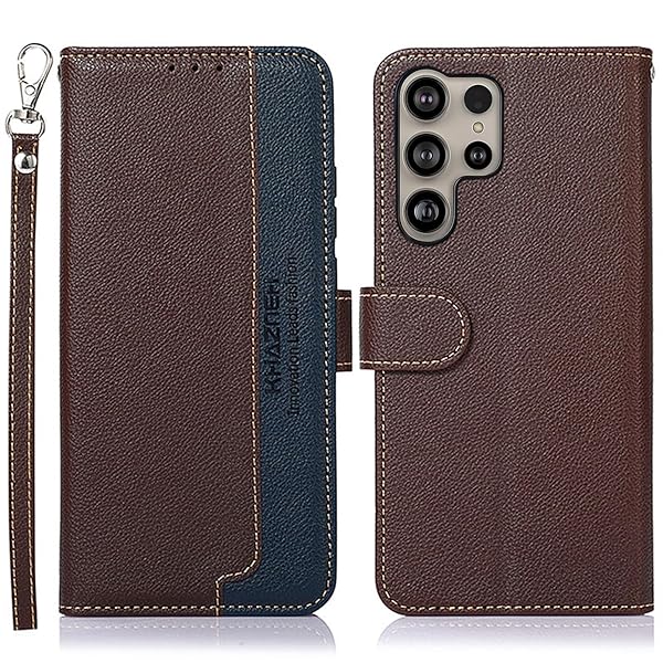 Galaxy S25 Ultra ケース 手帳型 ギャラクシー S25 ウルトラ カバー 財布型 ストラップ付き [RFIDブロッキング] 高級PUレザー マグネット開閉式 カード収納 横置きスタンド機能 耐衝撃 人気 便利 おしゃれ ブラウン