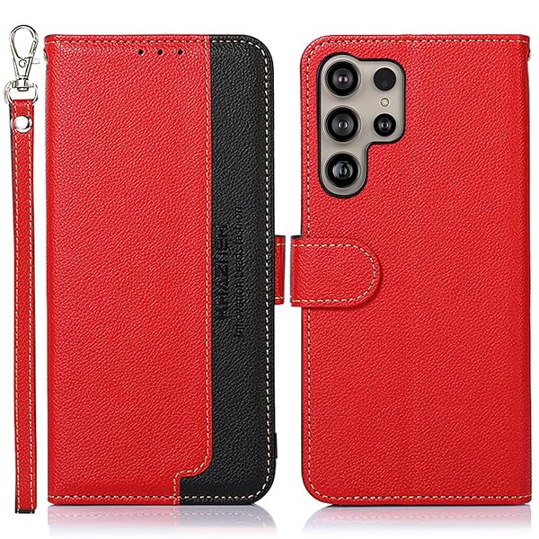 Galaxy S25 Ultra ケース 手帳型 ギャラクシー S25 ウルトラ カバー 財布型 ストラップ付き [RFIDブロッキング] 高級PUレザー マグネット開閉式 カード収納 横置きスタンド機能 耐衝撃 人気 便利 おしゃれ レッド