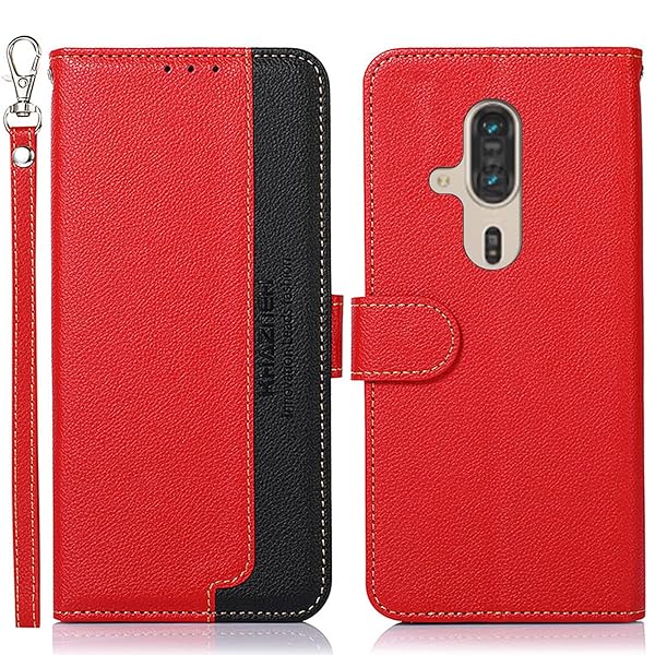 らくらくスマートフォン F-53E ケース 手帳型 Rakuraku F-53E カバー 財布型 ストラップ付き [RFIDブロッキング] 高級PUレザー マグネット開閉式 カード収納 横置きスタンド機能 耐衝撃 人気 便利 おしゃれ レッド 001