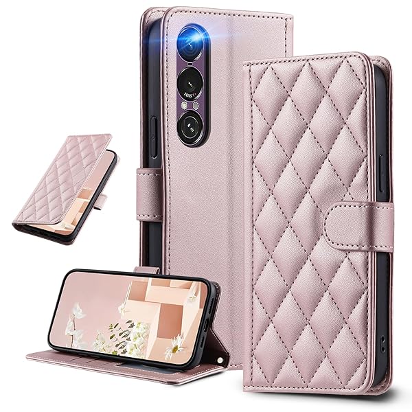 UnivoColors Sony Xperia 1VII(SO-51F/SOG15)キルティングレザー調 手帳型ケース エレガント 高質PU マグネット開閉式 カード収納機能 スタンド機能 液晶全面保護 レンズ保護 ストラップ付属(ゴールドピンク)