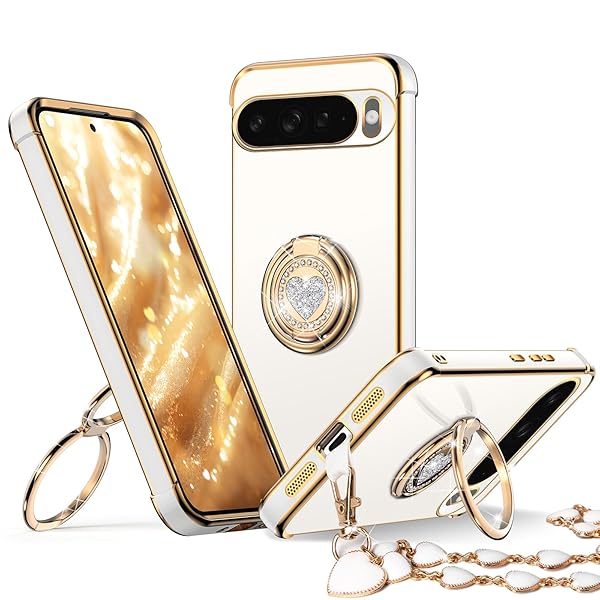 Pixel 10 用 ケース ダブルリング付き リストバンド ブレスレット付き ストラップ 耐衝撃 薄型 軽量 紐付き キラキラ ラブハート かわいい 女の子 おしゃれ 豪華 スマホケース ピクセル10 カバー - ホワイト