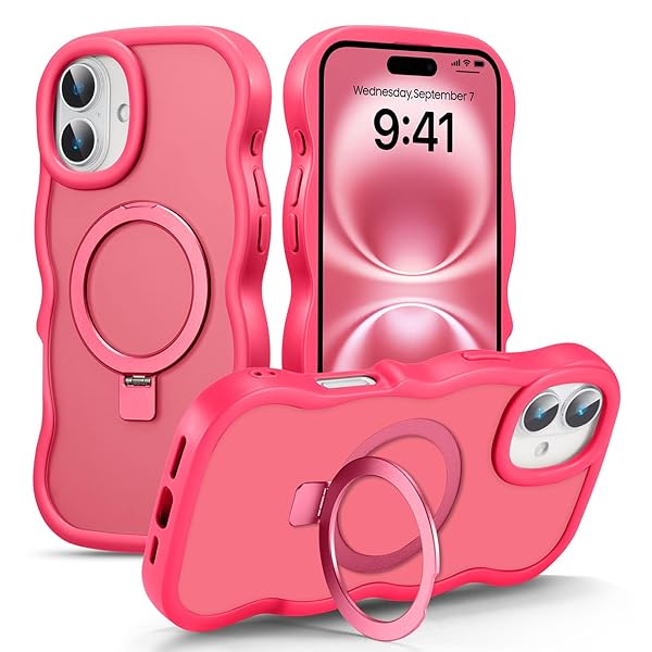 対応 iPhone 17 用の ケース 半透明 TPU ウェーブデザイン スマホケース 可愛い 人気 おしゃれ ケース Magsafe対応 横縦両立 薄型 軽量 マグネット搭載 波型 バンパー スマホケース - ホットピンク