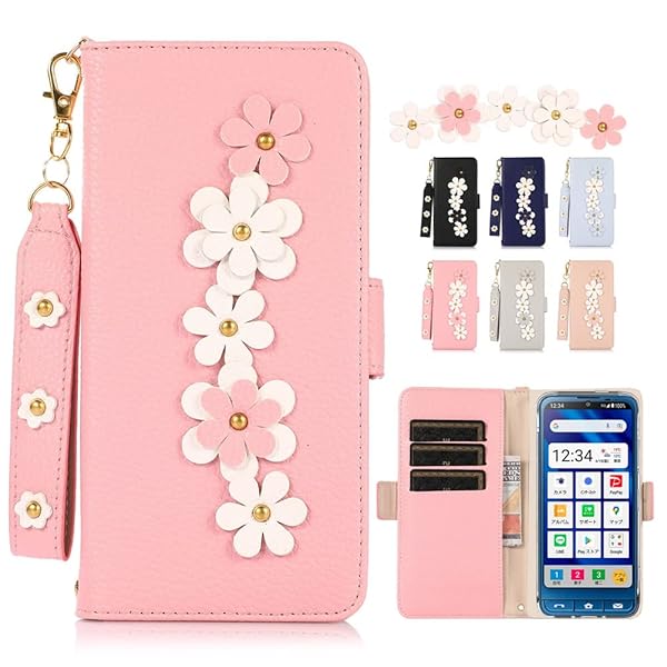 シンプルスマホ6 ケース 手帳型 ストラップ付き シャープ しんぷるすまほ6 スマホケース カバー SoftBank ソフトバンク 大人かわいい 財布型 レザー製 花柄 上品 おしゃれ 耐衝撃 透明 TPU スタンド カードホルダー マグネット 革