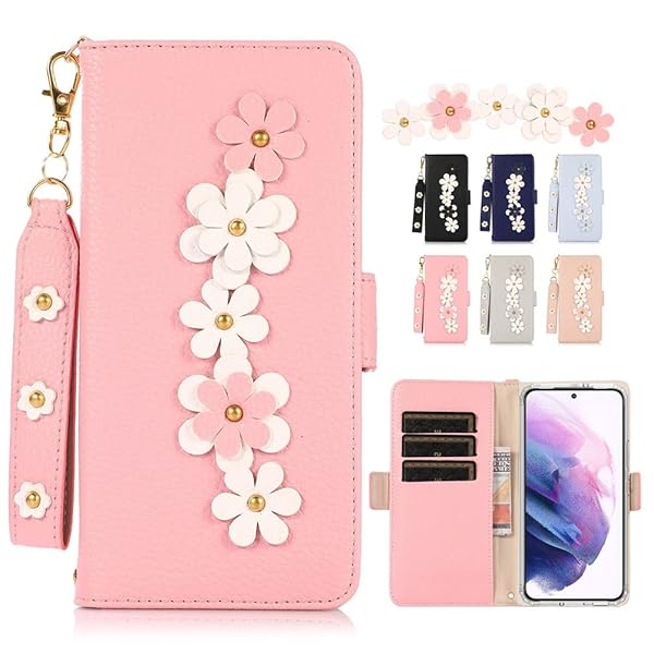 Galaxy S22 5G ケース 手帳型 ストラップ付き au SCG13 docomo SC-51C GalaxyS22 ケース ギャラクシーS22 5G スマホケース 女子 手帳型 携帯カバー かわいい 財布型 レザー製花 上級おしゃれ 耐衝