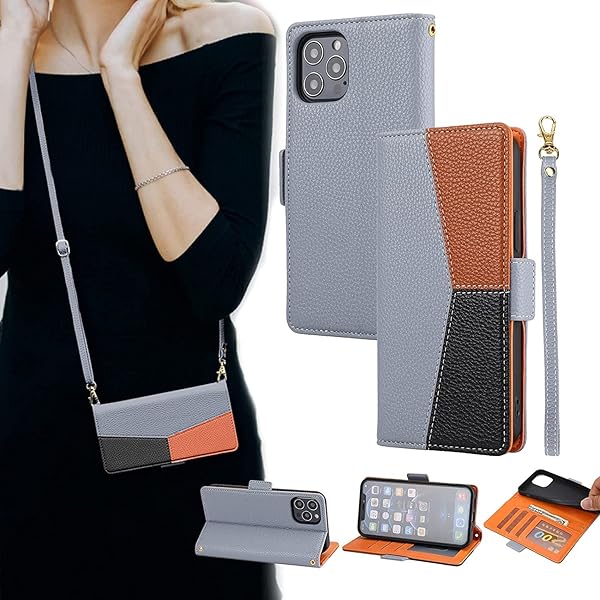 スマホケース アイホン14 Pro Maxケース 手帳型 耐衝撃 高级PUレザー カード収納 横置きスタンド ストラップ付き (iPhone 14 Pro Max,グレー)