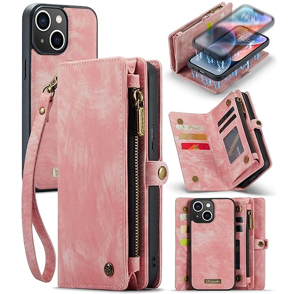 iPhone 14ケース 手帳型「 スタンド機能 11カードポッケト ストラップ」人気 おしゃれ 落下防止 衝撃吸収 耐摩擦 ファスナー付き 財布型 アイフォン14用 ケースカバー 本革風 (iPhone 14, ピンク)