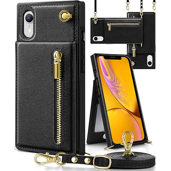 iphone XR ケース手帳型 iphone XRスマホ ケース 財布型 iPhone XR適用 携帯ケース 肩掛け 首かけ 斜めがけ ショルダー アイフォンXR ケース手帳型 背面 カード収納 ストラップ付き 上下開 長さ調整可能 ブラック