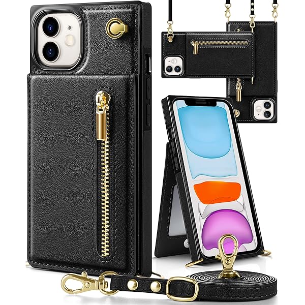 iPhone 11 ケース手帳型 iPhone11スマホ ケース 財布型 iphone 11適用 携帯ケース 肩掛け 首かけ 斜めがけ ショルダー アイフォン11 ケース手帳型 背面 カード収納 ストラップ付き 上下開 長さ調整可能 ブラック
