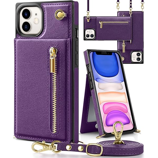 iPhone 11 ケース手帳型 iPhone11スマホ ケース 財布型 iphone 11適用 携帯ケース 肩掛け 首かけ 斜めがけ ショルダー アイフォン11 ケース手帳型 背面 カード収納 ストラップ付き 上下開 長さ調整可能 パープル