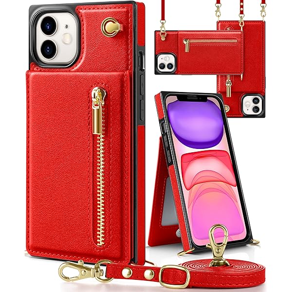 iPhone 11 ケース手帳型 iPhone11スマホ ケース 財布型 iphone 11適用 携帯ケース 肩掛け 首かけ 斜めがけ ショルダー アイフォン11 ケース手帳型 背面 カード収納 ストラップ付き 上下開 長さ調整可能 レッド