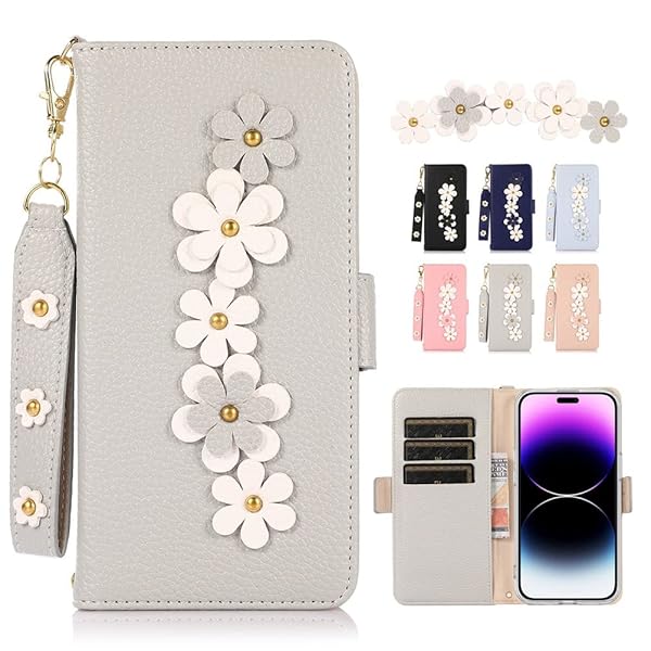 iPhone14Pro ケース 手帳型 ストラップ付き iPhone14Pro ケース カバー 6.1型 アイフォン14 プロ スマホケース 6.1インチ 2022 5G 手帳型 かわいい 財布型 レザー製花 上級おしゃれ 耐衝撃 透明 TPU カ