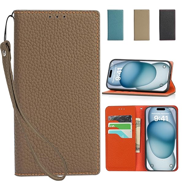 iPhone15Pro 対応ケース 高級牛本革ケース 手帳型 アイフォン15 Pro 対応 カバー 本革 レザー いPhone 15 Pro カバー スタンド機能 ストラップ付き マグネット式 カードポケット ブラウン×オレンジ