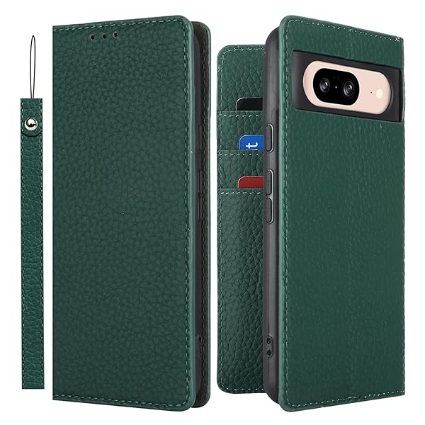 Google Pixel 8 ケース グーグルピクセル8 ケース 手帳型 本革 ストラップ スマホケース docomo pixel 8 au 耐衝撃 カバー SoftBank カード収納 スタンド機能 レザー -グリーン