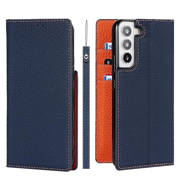 Galaxy S22 ケース ギャラクシーs22 ケース 手帳型 本革 ストラップ SC51C スマホケース SCG13 au ドコモ samsung サムスン docomo SC-51C 耐衝撃 カバー SoftBank カード収納 レザー -ブル