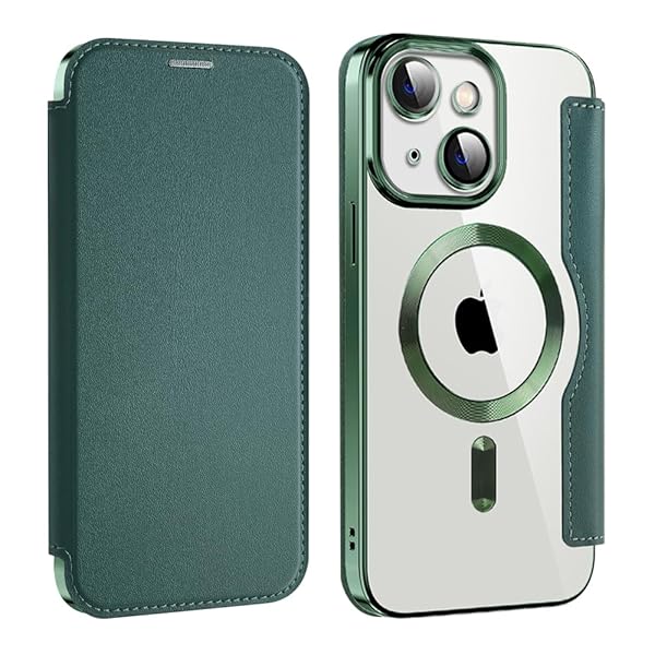 iPhone 15 用 ケース 手帳型 Magsafe対応 クリア 背面 透明 高級なPUレザー 永久磁石 マグネット スマホケース カード収納、人気財布型 カバー 軽量 アイフォン15 用 手帳カバー (グリーン)
