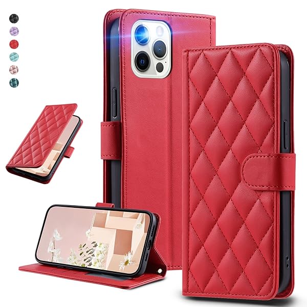 UnivoColors アイフォン 12/12 Pro キルティングレザー調 手帳型ケース エレガント 高質PU マグネット開閉式 カード収納機能 スタンド機能 液晶全面保護 レンズ保護 ストラップ付属(レッド)