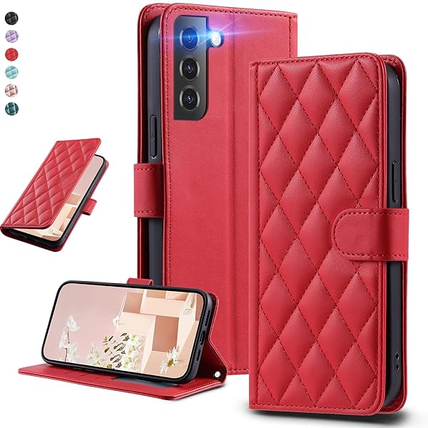 UnivoColors Galaxy S21 Plus 5G（SC-02B/SCG10）キルティングレザー調 手帳型ケース エレガント 高質PU マグネット開閉式 カード収納機能 スタンド機能 液晶全面保護 レンズ保護 ストラップ付属(レッド)