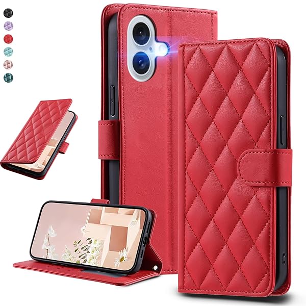 UnivoColors アイフォン 16 キルティグレザー調 手帳型ケース エレガント 高質PU マグネット開閉式 カード収納機能 スタンド機能 液晶全面保護 レンズ保護 ストラップ付属(レッド)