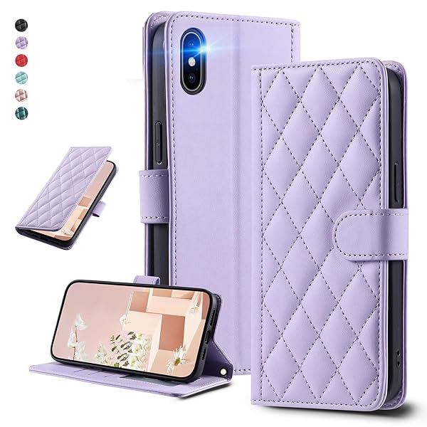 UnivoColors アイフォン Xs Max キルティグレザー調 手帳型ケース エレガント 高質PU マグネット開閉式 カード収納機能 スタンド機能 液晶全面保護 レンズ保護 ストラップ付属(パープル)