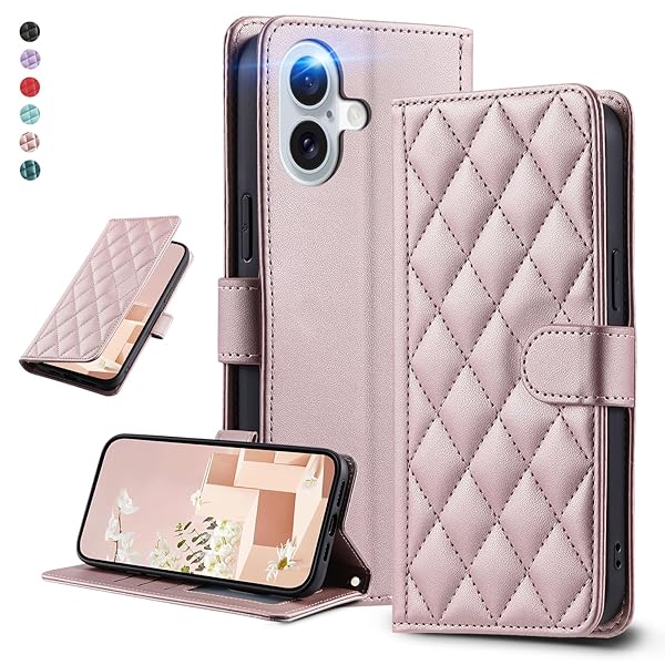UnivoColors アイフォン 16 Plus キルティグレザー調 手帳型ケース エレガント 高質PU マグネット開閉式 カード収納機能 スタンド機能 液晶全面保護 レンズ保護 ストラップ付属(ゴールドピンク)