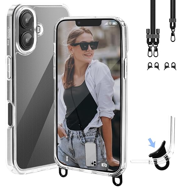 iPhone16 ケース スマホケース ショルダー アイフォン16用カバー ストラップ2種付き 取り外し可能なフック 調節可能 首掛け/肩掛け/斜め掛け 紐付き 高精細HD透明PC + 軽量 シリコン TPU 耐衝撃 傷防止 全面保護対応 アイフォン
