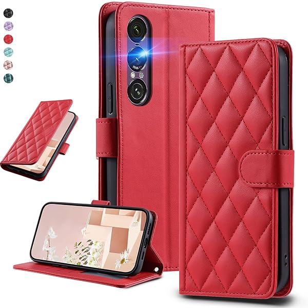 UnivoColors Sony Xperia 1VII(SO-51F/SOG15)キルティングレザー調 手帳型ケース エレガント 高質PU マグネット開閉式 カード収納機能 スタンド機能 液晶全面保護 レンズ保護 ストラップ付属(レッド)