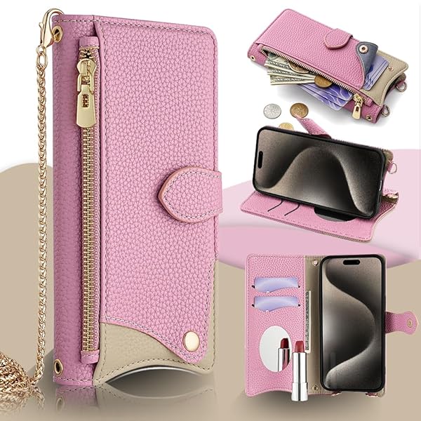 用の iPhone 17 Pro ケース 手帳型 財布型カバー iPhone17プロ 手帳型ケース マグネット留め 鏡付き 銭入れ アイホン17プロcaseマグネット式 化粧鏡 カード収納 斜めがけ ストラップ 首掛け PUレザー 肩掛け 横置きスタ