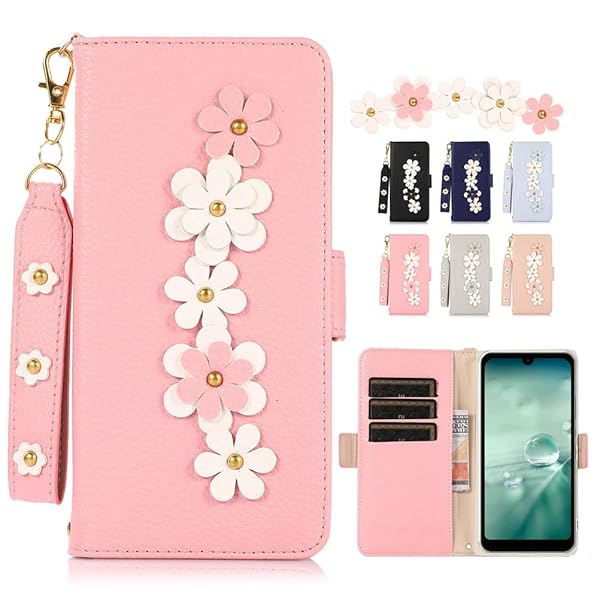 AQUOS wish ケース 手帳型 ストラップ付き au SHG06 A104SH SH-M20 AQUOSwish ケース SHARP シャープ アクオスwish スマホケース アクオス wish カバー 手帳型 かわいい 財布型 レザー製花