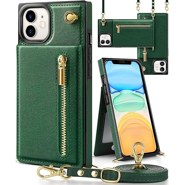 iPhone 11 ケース手帳型 iPhone11スマホ ケース 財布型 iphone 11適用 携帯ケース 肩掛け 首かけ 斜めがけ ショルダー アイフォン11 ケース手帳型 背面 カード収納 ストラップ付き 上下開 長さ調整可能 グリーン