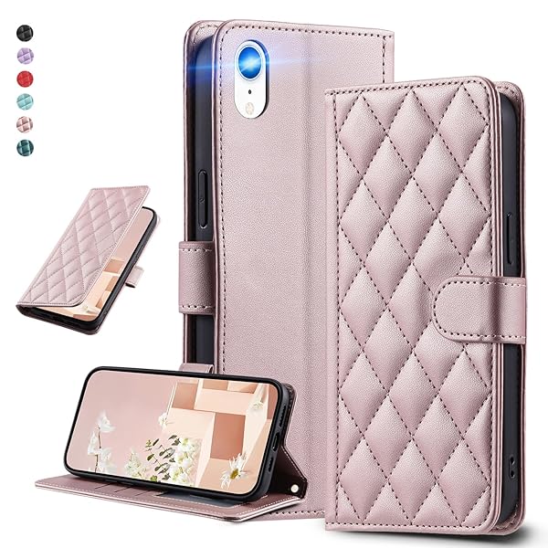UnivoColors アイフォン XR キルティングレザー調 手帳型ケース エレガント 高質PU マグネット開閉式 カード収納機能 スタンド機能 液晶全面保護 レンズ保護 ストラップ付属(ゴールドピンク)